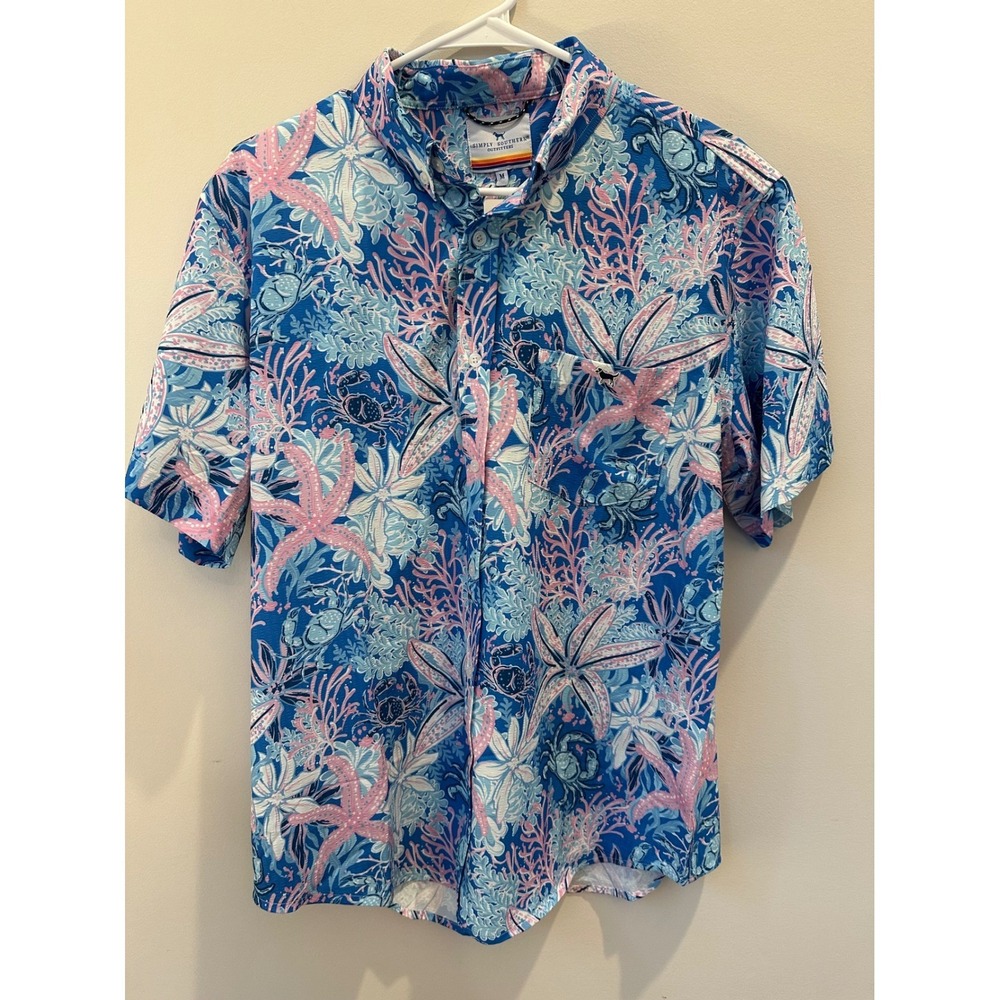 Simply Southern Men's Hawaiian Tropical Button Down Shirt Blue Pink NWT